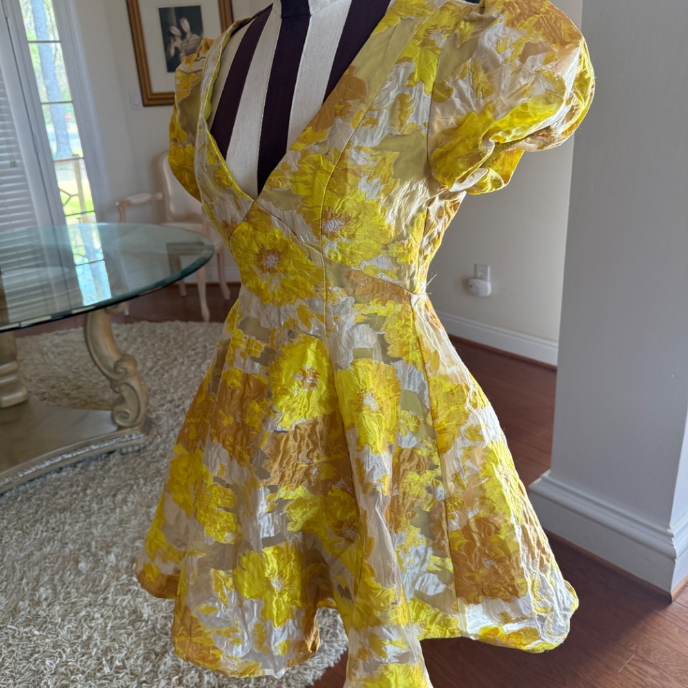 Showpo Brailey Jacquard Puff Sleeve Mini Dress Yellow Floral 6 NWT Babydoll - Picture 3 of 12